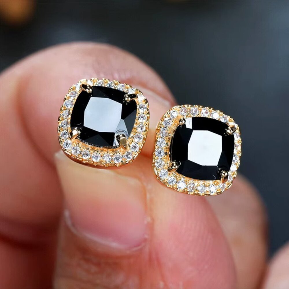 NEW 14k Gold Black Sapphire Diamond Earrings Cushion Cut Stud Earrings
